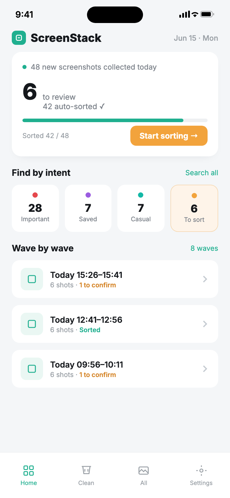 ScreenStack home: today's screenshots auto-sorted into Important / Saved / Casual / To-sort, ready to clear wave by wave