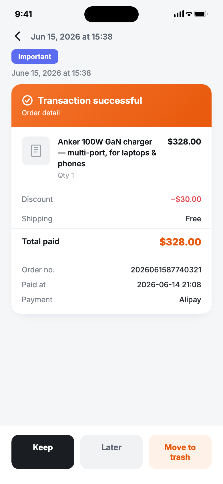 ScreenStack pre-delete receipt: the transaction, amount and time from this screenshot shown before you decide to delete